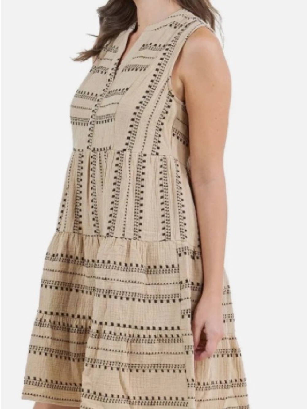 Sleeveless Beige Tiered Midi Dress with Black Stripe Detail